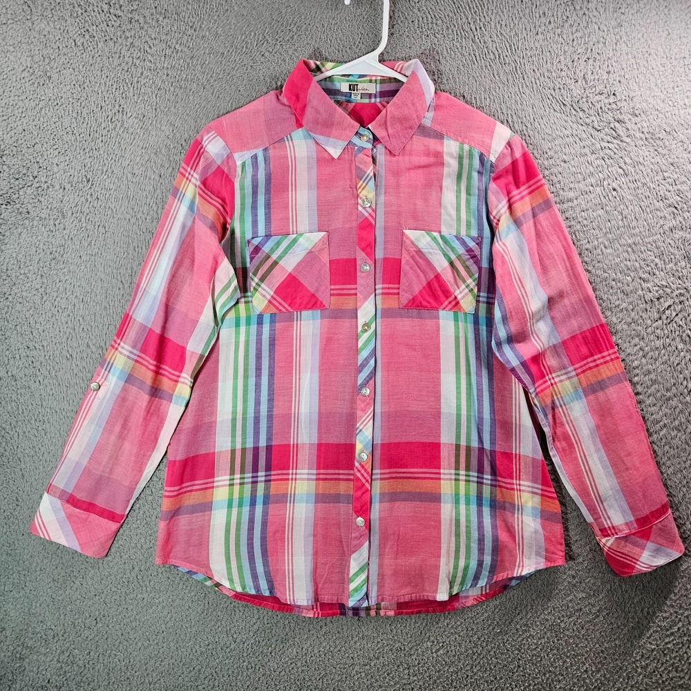 Kut Lightweight Shirt Women Medium Button Up Long Sleeve Colorful Plaid